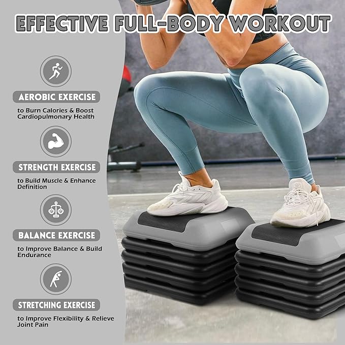 Fitvids Step Aerobic Platform, Exercise Step with 5 levels Adjustable Height, 4 Stackable Risers, Fitness Training Workout Stepper for Home Gym, Cardio Strength, Multiple Options