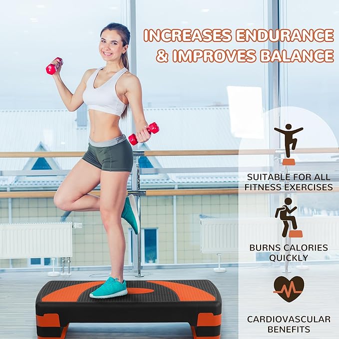 Fitvids Fitvids Step Aerobic Platform, 31" Exercise Step with 3 levels Adjustable Height, 4 Stackable Risers, Fitness Training Workout Stepper for Home Gym, Cardio Strength