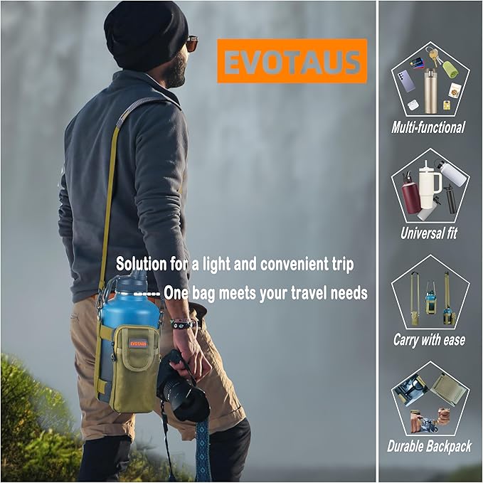 MOLLE Water Bottle bag - Bottle Holder Carrier Sling with Strap for Walking - Manual Strap Adjustment for Precise Fit of Most 18-64 oz Bottles (Check Size Fit Guide), Khaki