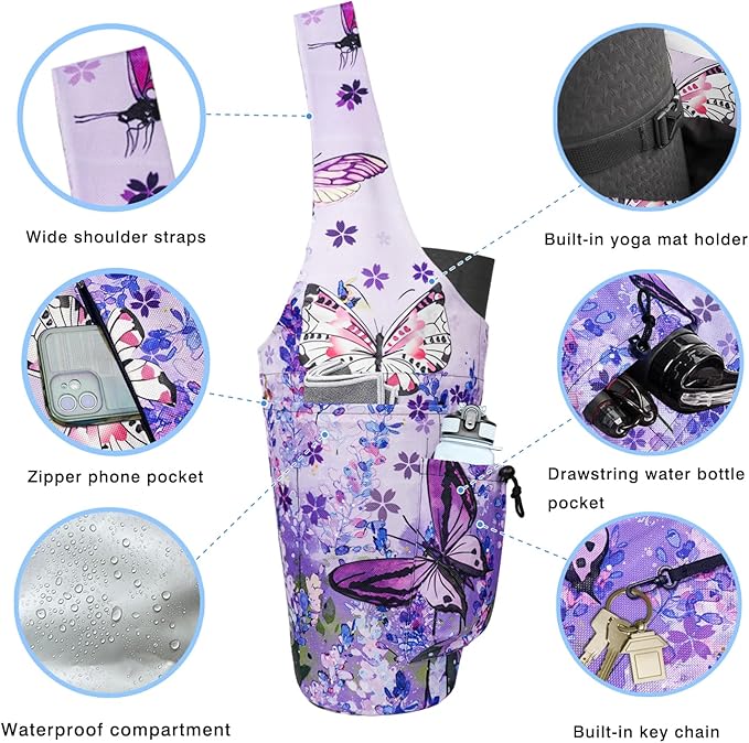 Yoga Mat Bag - Large Opening Long Tote Yoga Mat Carrier Holder Bag with Waterproof Wet Zipper Pocket and Drawstring Water Bottle Pocket - Yoga Bag Fit Most Size Mats