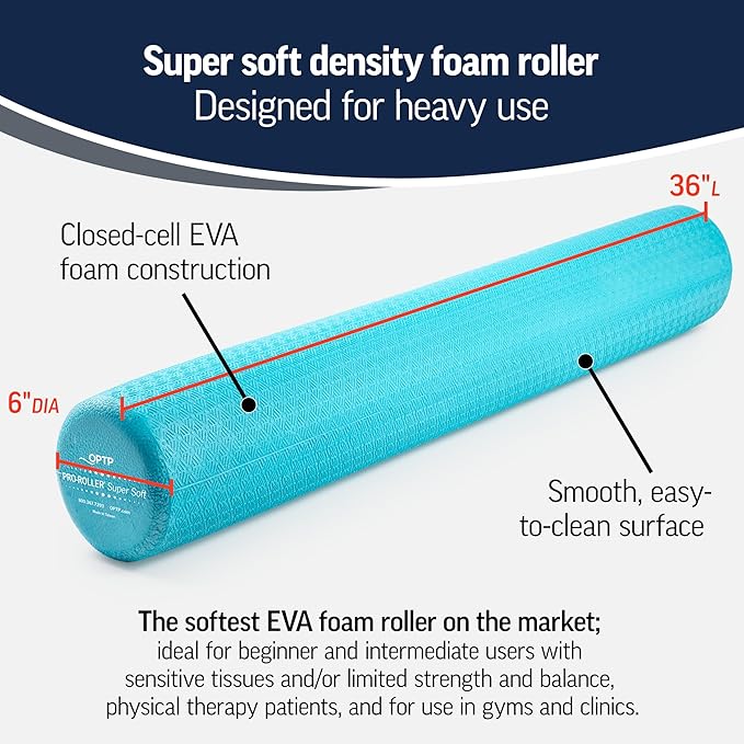OPTP PRO-Roller Super Soft Density Foam Roller 36 in - Light Blue Low Density Foam Roller for Exercise, Gentle Massage, and Physical Therapy 36" x 6" Round