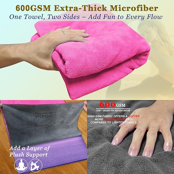 Hot Yoga Towel Set, 600GSM Yoga Mat Towel Extra Thick Dual-Color Microfiber, Soft Non-Slip Sweat Absorbent, 72" x 27.5" with Matching Hand Towel for Hot Yoga, Pilates, Fitness, Grey/Pink
