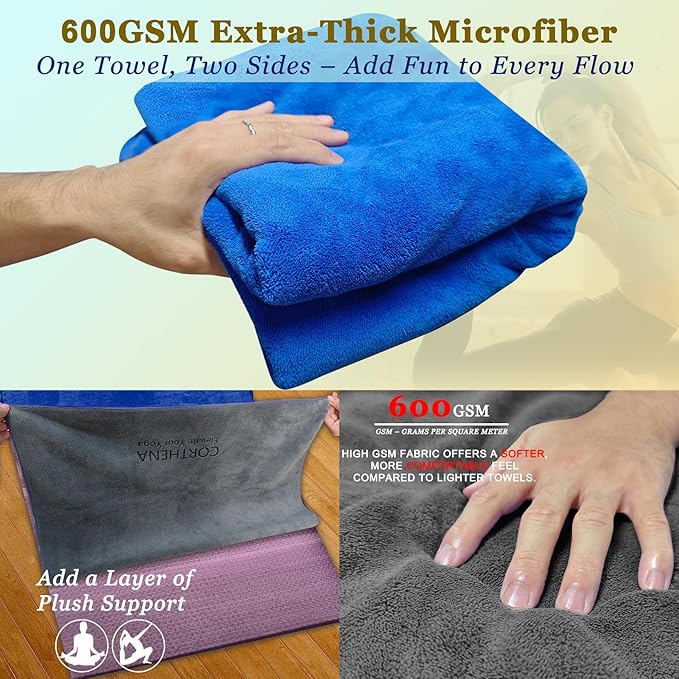 Hot Yoga Towel Set, 600GSM Yoga Mat Towel Extra Thick Dual-Color Microfiber, Soft Non-Slip Sweat Absorbent, 72" x 27.5" with Matching Hand Towel for Hot Yoga, Pilates, Fitness, Grey/Blue