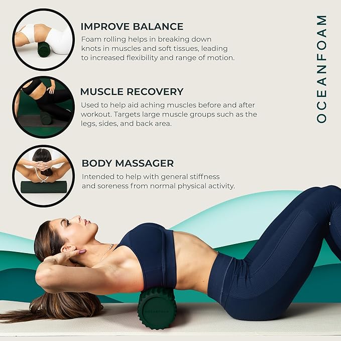 Oceanfoam Tidal Roller - Hunter - Muscle Massage Foam Roller for Back Pain & Stretching - Firm and Ergonomic Wide Wave Textured - Yoga, Athletics, & Wellness - Full Size, 20" x 5"