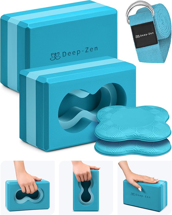 Deep-Zen® Yoga Blocks Wrist Support; Yoga Blocks 2 Pack with Knee Pads and Strap to Put Less Weight on Wrists; Durable, Versatile Yoga Brick Exercise Block Set, Blocks Yoga