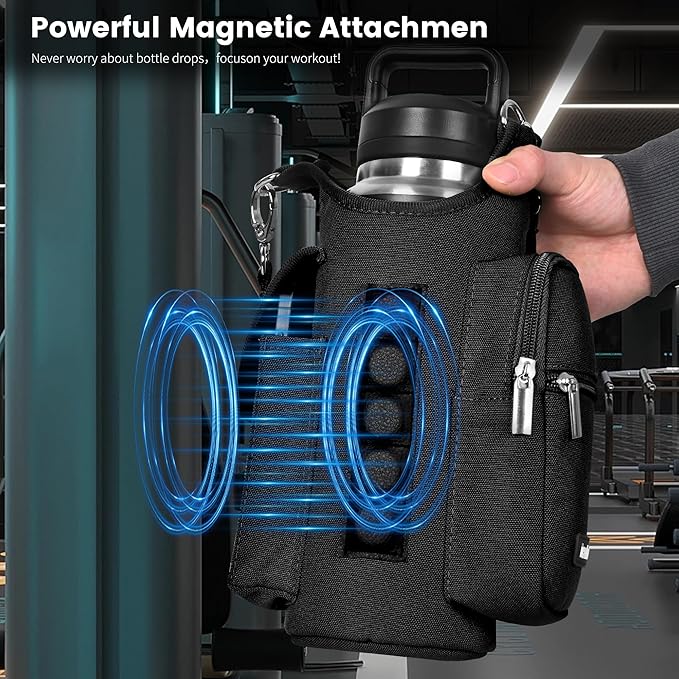 icolor Magnetic Gym Bag Water Bottle Carrier Holder with Phone Pockets & Shoulder Strap,Gym Magnetic Bag 5 Built-in Magnets Gym Accessories Organizer Magnetic Bottle Pouch Sleeve for Men Women