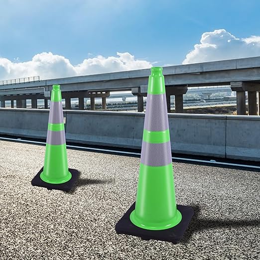 BESEA 6Pack 28" inch Traffic Cones Green Safety Cones with 6 inch Reflective Collar for Home Driveway Road Parking Use(6 Cones)