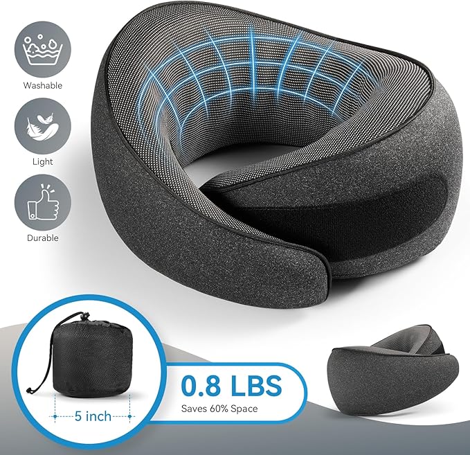 SZXYX Travel Pillows for Airplanes, 100% Pure Memory Foam Neck Pillow for Airplanes, Comfortable Breathable Cover, 360° Support Stowable Pillows for Sleeping, Car, Airport Travel Essentials Black L