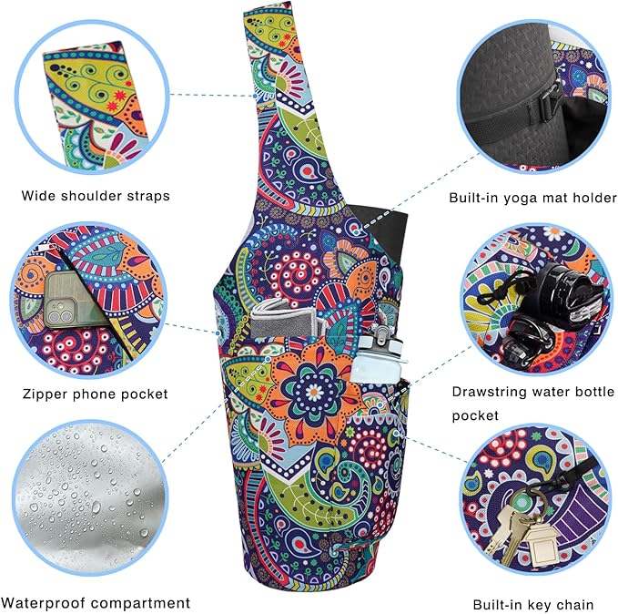 Yoga Mat Bag - Large Opening Long Tote Yoga Mat Carrier Holder Bag with Waterproof Wet Zipper Pocket and Drawstring Water Bottle Pocket - Yoga Bag Fit Most Size Mats