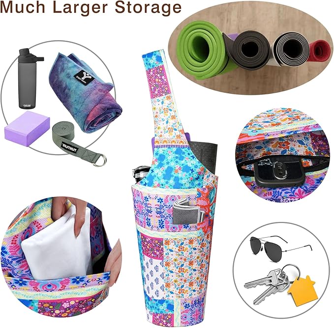 Fashion Printed Yoga Mat Bag with Large Side Pocket & Zipper Pocket Long Tote Yoga Bag Fit Most Size Mats - Holds More Yoga Accessories