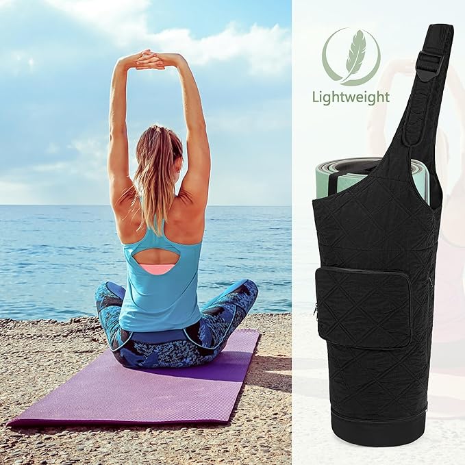 Yoga Mat Bag with Wet Pocket, Bottle Pocket and Mat Secure Straps, Yoga Mat Carrier Fits Most Size Mats (Bag Only), Black