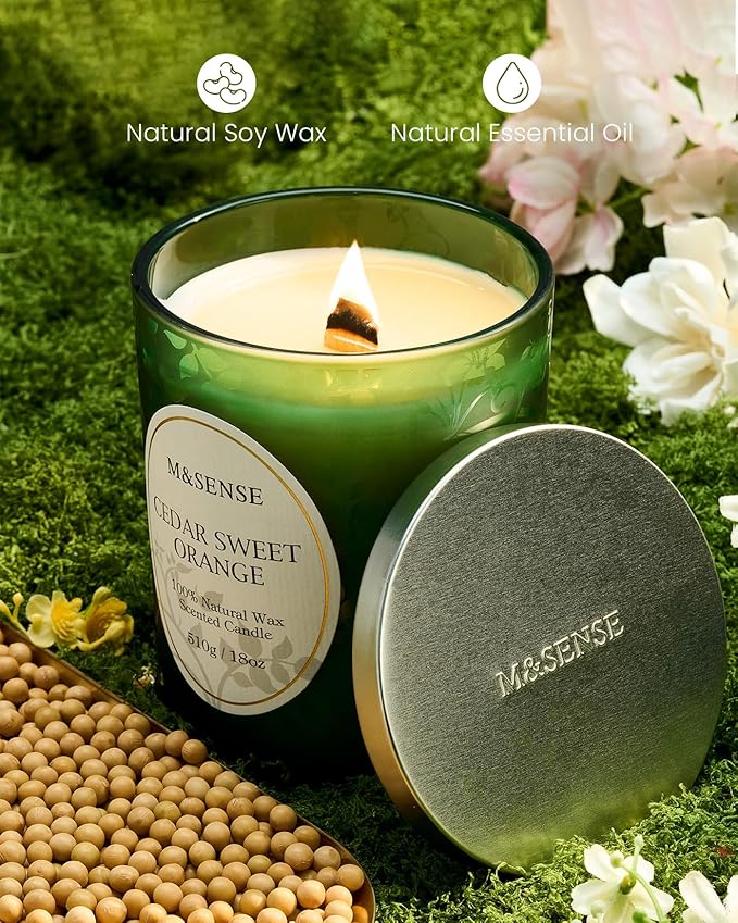 M&SENSE Cedarwood Orange Christmas Candle, Cracking Wooden Wick Soy Wax, 18oz 100 Hours Long Lasting Clean Burn, Large Fall Candles for Home Scented, Winter Holiday Aromatherapy Gifts for Women