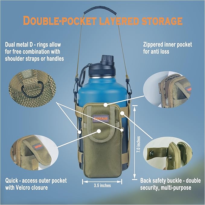 MOLLE Water Bottle bag - Bottle Holder Carrier Sling with Strap for Walking - Manual Strap Adjustment for Precise Fit of Most 18-64 oz Bottles (Check Size Fit Guide), Khaki