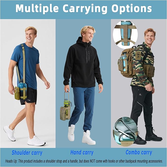 MOLLE Water Bottle bag - Bottle Holder Carrier Sling with Strap for Walking - Manual Strap Adjustment for Precise Fit of Most 18-64 oz Bottles (Check Size Fit Guide), Khaki