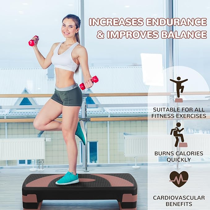 Fitvids Step Aerobic Platform, 31" Exercise Step with 3 levels Adjustable Height, 4 Stackable Risers, Fitness Training Workout Stepper for Home Gym, Cardio Strength, Black & Pink