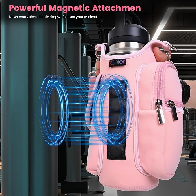 icolor Magnetic Gym Bag Water Bottle Carrier Holder with Phone Pockets & Shoulder Strap,Gym Magnetic Bag 5 Built-in Magnets Gym Accessories Organizer Magnetic Bottle Pouch Sleeve for Men Women