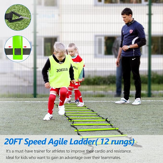 Agility Training Equipment, Football Training Equipment Includes 20FT Agility Ladder,4 Adjustable Agility Hurdles, 12 Football Cones, Parachute, for Training Soccer Basketball Athletes