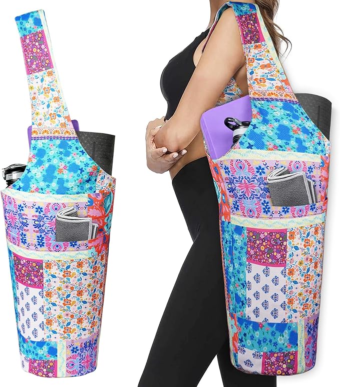 Fashion Printed Yoga Mat Bag with Large Side Pocket & Zipper Pocket Long Tote Yoga Bag Fit Most Size Mats - Holds More Yoga Accessories