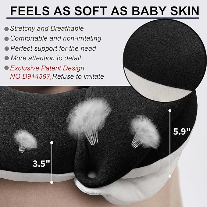 BUYUE Travel Neck Pillows for Airplanes, 360° Head Support Sleep for Long Flight, Skin-Friendly & Breathable, Kit with 3D Contoured Eye Mask, Earplugs and Storage Bag (Adult, Black, 90+ lbs)