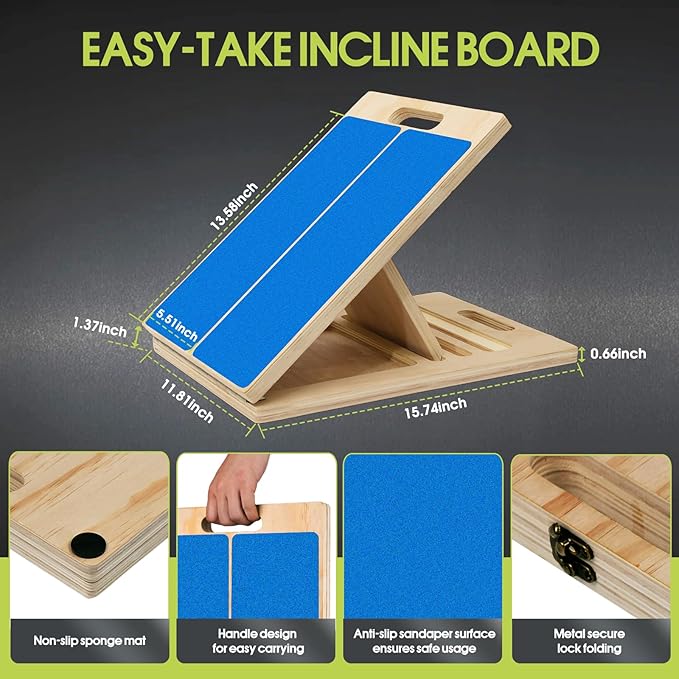 Portable Slant Board for Calf Stretching, 350 Lbs Weight Capacity, Adjustable Wooden Incline Board for Calf Stretcher, Physical Therapy Equipment for Leg, Knees, Heel, Ankle (Blue)