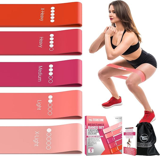 TechStone Resistance Bands Set for Men and Women, Pack of 5 Different Levels Elastic Band for Home Gym Long Exercise Workout – Great Fitness Equipment for Training, Yoga – Free Carrying Bag