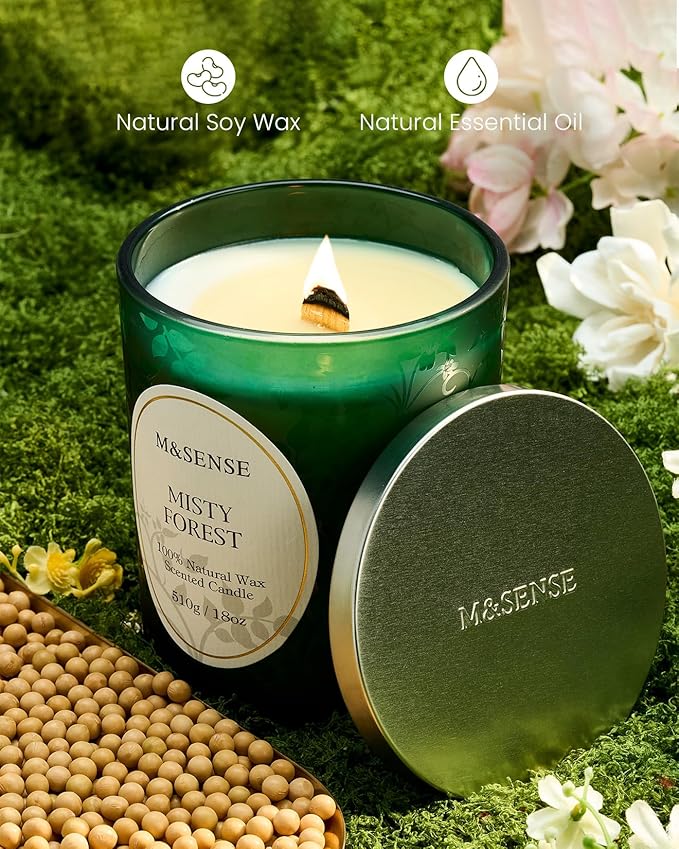 M&SENSE Misty Pine Forest Candle, Cracking Wooden Wick Soy Wax, 18oz 100 Hours Long Lasting Clean Burn, Large Fall Candles for Home Scented, Winter Holiday Gifts for Women Christmas