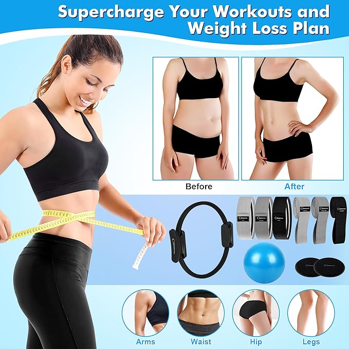 Pilates Ring Set with Resistance Bands Set, Pilates Ball, Sliding Disks – Workout Equipment Home Gym Includes Complete Fitness Poster