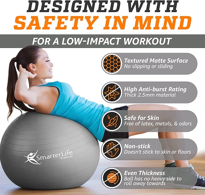 SmarterLife Exercise Ball Yoga Ball for Fitness, Balance, Stability, or Pregnancy, Gym Ball for Core Workout, Physical Therapy, Yoga Ball Chair for Office, Anti-Slip Anti-Burst