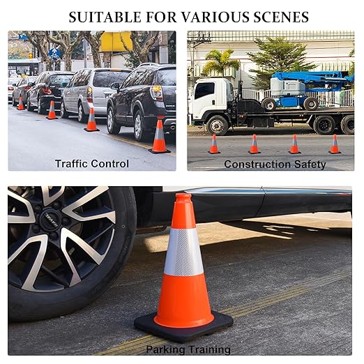 OrangeStar 4-Pack 18" Traffic Cones with Weighted Rubber Base, 6" Reflective Collar, Orange Safety Cones for Parking Lot, Road Construction, Warehouse, Highway, Weatherproof PVC