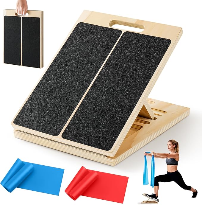 Slant Board for Calf Stretching,Calf Stretcher Adjustable Portable Wooden Foldable,5-Level Incline,2 Resistance Bands,300lb Weight Capacity,for Calf,Achilles,Ankle,Squats,Physical Therapy Exercise