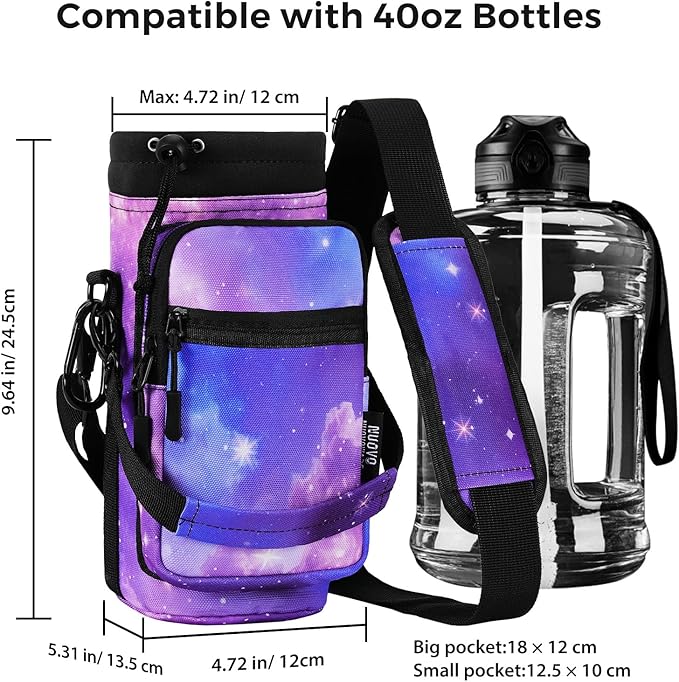 Nuovoware Water Bottle Carrier, 40oz Bottle Carrier Sports Insulated Water Bottle Holder with Adjustable Shoulder Strap, 2 Pockets Flask Sling Bag Drawstring Pouch for Climbing Hiking Walking