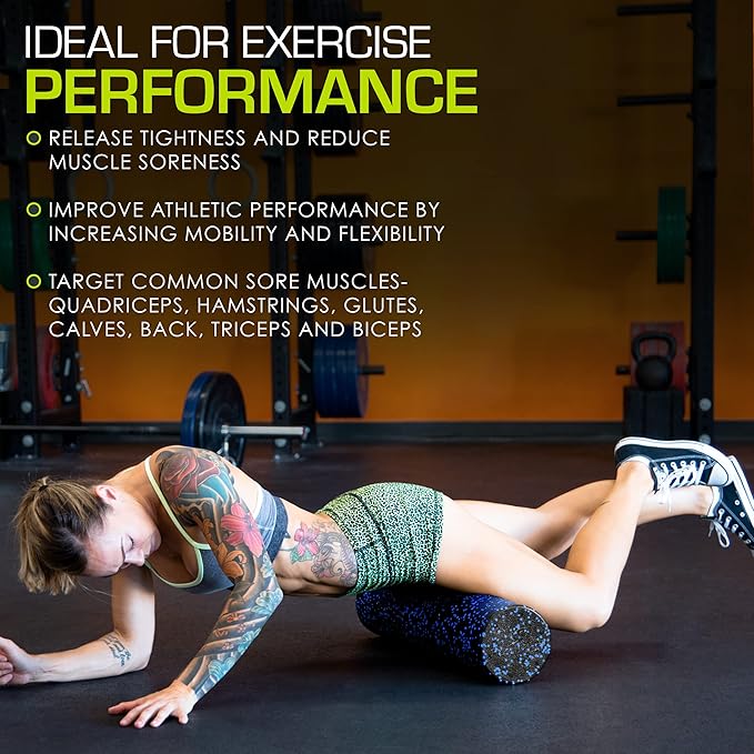 ProsourceFit High Density Foam Rollers 12 - inches Long, Firm Full Body Athletic Massage Tool for Back Stretching, Yoga, Pilates, Post Workout Muscle Recuperation, Black/Blue