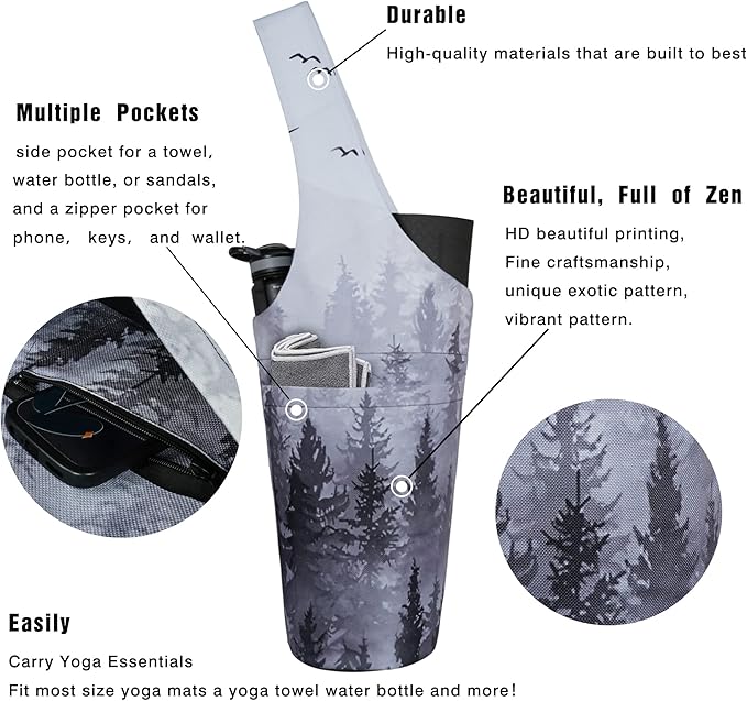 Fashion Printed Yoga Mat Bag with Large Side Pocket & Zipper Pocket Long Tote Yoga Bag Fit Most Size Mats - Holds More Yoga Accessories