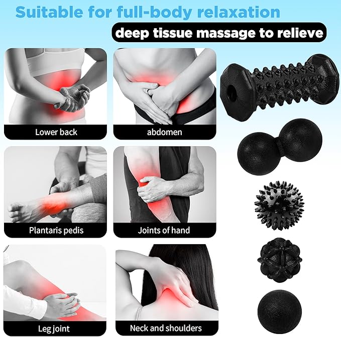 Massage Ball & Foot Roller 5 in 1 Set,Foot Massager Roller-Lacrosse,Peanut,Spiky,Hand Exercise Massage Ball for Plantar Fasciitis Relief and Myofascial Release,Deep Tissue Massage,Reflexology Tool