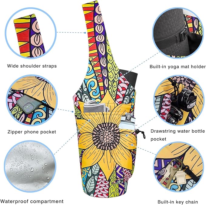 Yoga Mat Bag - Large Opening Long Tote Yoga Mat Carrier Holder Bag with Waterproof Wet Zipper Pocket and Drawstring Water Bottle Pocket - Yoga Bag Fit Most Size Mats