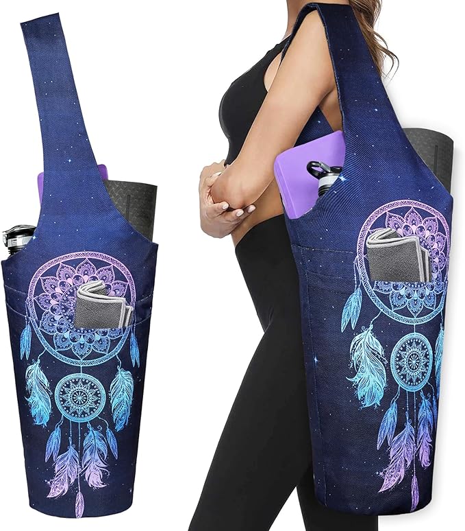Fashion Printed Yoga Mat Bag with Large Side Pocket & Zipper Pocket Long Tote Yoga Bag Fit Most Size Mats - Holds More Yoga Accessories