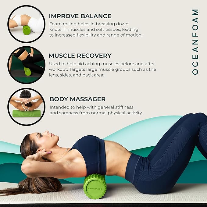 Oceanfoam Tidal Roller - Algae Green - Muscle Massage Foam Roller for Back Pain & Stretching - Firm and Ergonomic Wide Wave Textured - Yoga, Athletics, & Wellness - Full Size, 20" x 5"