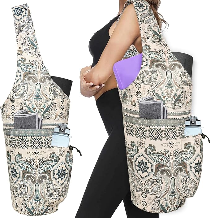 Yoga Mat Bag - Large Opening Long Tote Yoga Mat Carrier Holder Bag with Waterproof Wet Zipper Pocket and Drawstring Water Bottle Pocket - Yoga Bag Fit Most Size Mats