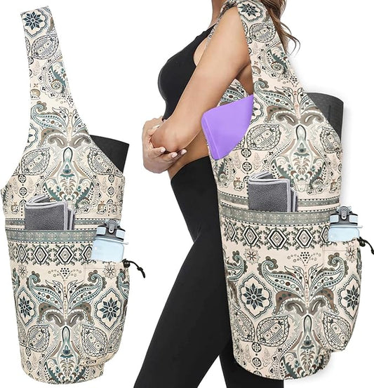 Yoga Mat Bag - Large Opening Long Tote Yoga Mat Carrier Holder Bag with Waterproof Wet Zipper Pocket and Drawstring Water Bottle Pocket - Yoga Bag Fit Most Size Mats