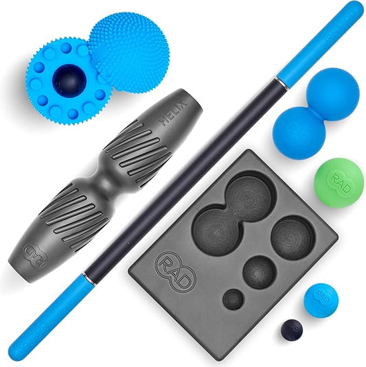 RAD All-in Complete Myofascial Release and Muscle Recovery Set - Includes Exercise Foam Rollers, Multi-Use Yoga Block, Peanut & Massage Balls, Neuro Ball Foot Roller, and Massage Stick