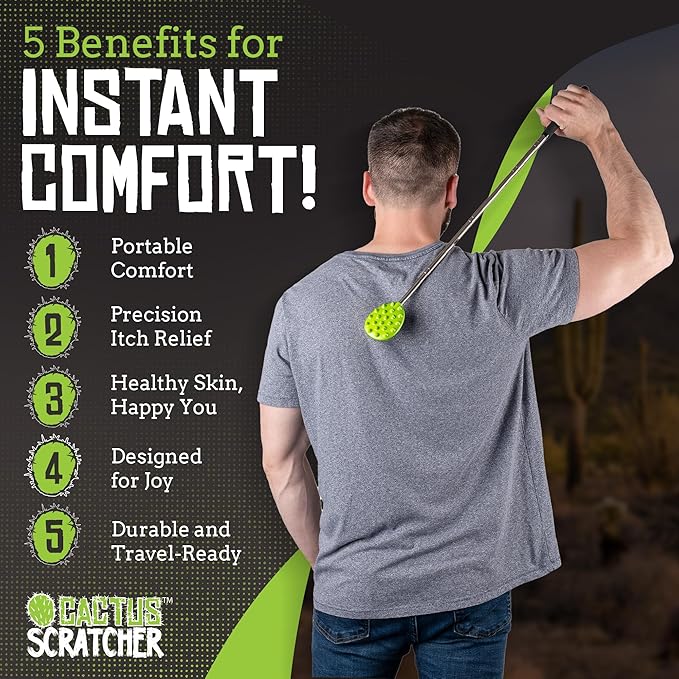 Cactus Scratcher Extendable Telescopic Back Scratcher - Extends 25" Long Double Sided Retractable Scratching Tool for Hand, Neck, Head, and Body - Universal Gift for Family, Pets, and Friends, Green