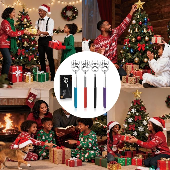 (4-Pack) Extendable Back Scratchers - Metal Claws with Telescopic Rubber Handles - Stocking Stuffers for Men, Women, Kids - Christmas Gift