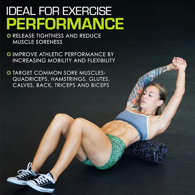 ProsourceFit High Density Foam Rollers 12 - inches Long, Firm Full Body Athletic Massage Tool for Back Stretching, Yoga, Pilates, Post Workout Muscle Recuperation, Black/Blue