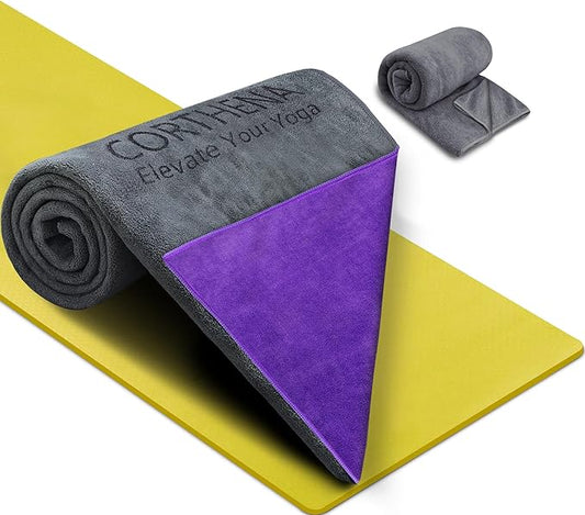 Hot Yoga Towel Set, 600GSM Yoga Mat Towel Extra Thick Dual-Color Microfiber, Soft Non-Slip Sweat Absorbent, 72" x 27.5" with Matching Hand Towel for Hot Yoga, Pilates, Fitness, Grey/Purple