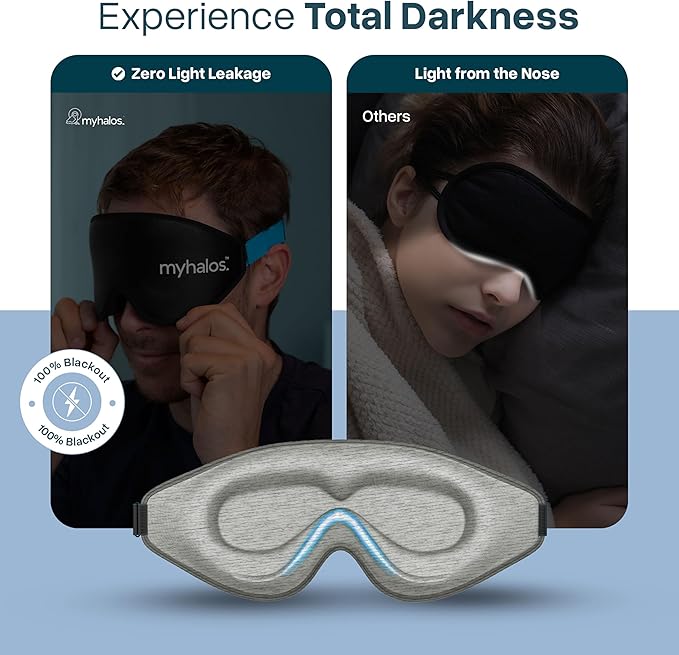 MyHalos® Cotton Sleep Mask - Eye Masks for Sleep - 100% Blackout Sleeping Mask for Women, Men & Side Sleepers - 3D Sleeping Eye Mask for Zero Pressure - Award Winning Design and Eyelash Friendly