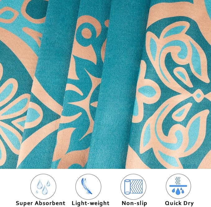Colorful Star Large Yoga Mat Towel with Corner Pockets, Non Slip Grip Dots Absorbent Hot Yoga Towels, Yoga Blankets with Travel Bag, Mat Cover for Workout, Gym, Fitness - 74"x26", Turquoise Mandala