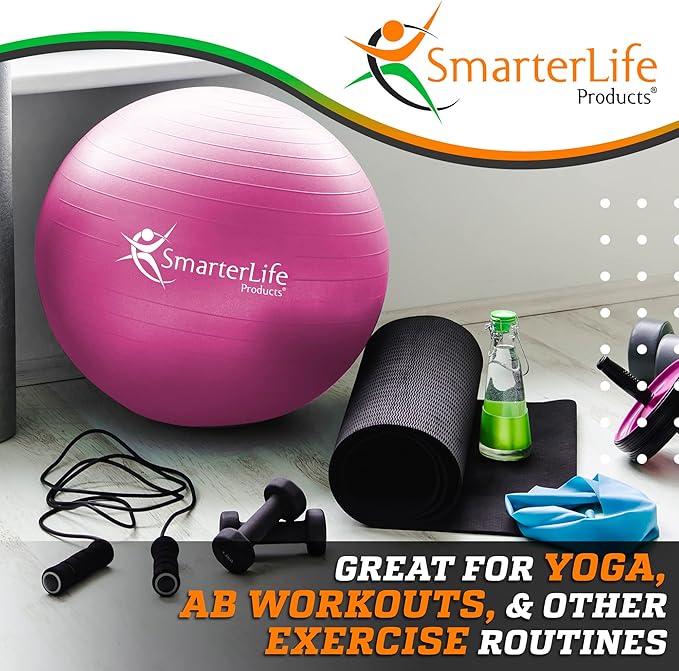 SmarterLife Exercise Ball Yoga Ball for Fitness, Balance, Stability, or Pregnancy, Gym Ball for Core Workout, Physical Therapy, Yoga Ball Chair for Office, Anti-Slip Anti-Burst