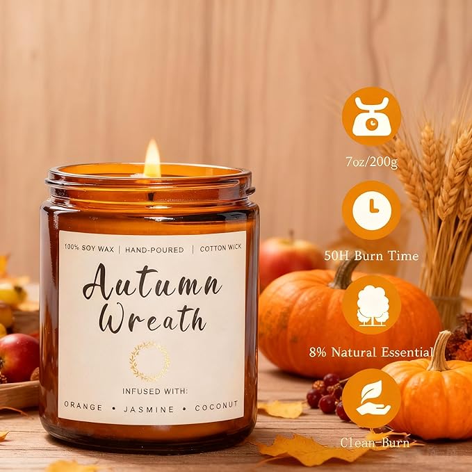 Fall Candles Set - 6 Pack Candles for Home Scented, Fall Scented Candles for Autumn Gift Home Decoration, Natural Non Toxic Soy Candle Gifts for Women, Cinnamon Apple/Autumn Wreath