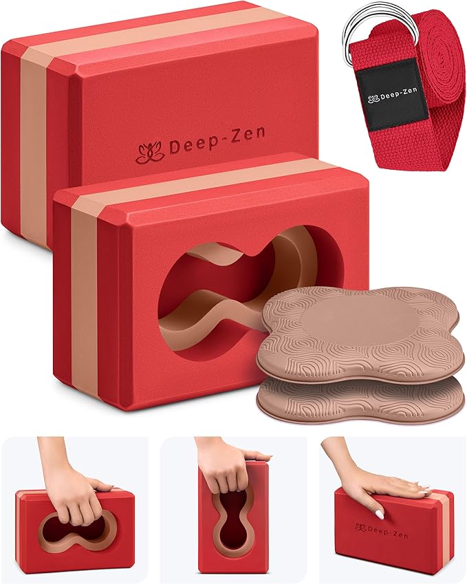 Deep-Zen® Yoga Blocks Wrist Support; Yoga Blocks 2 Pack with Knee Pads and Strap to Put Less Weight on Wrists; Durable, Versatile Yoga Brick Exercise Block Set, Blocks Yoga