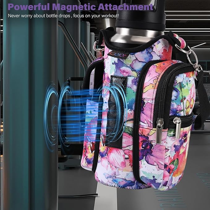 icolor Magnetic Gym Bag Water Bottle Carrier Holder with Phone Pockets & Shoulder Strap,Gym Magnetic Bag 5 Built-in Magnets Gym Accessories Organizer Magnetic Bottle Pouch Sleeve for Men Women